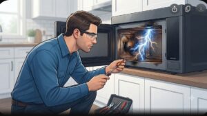 Иллюстрация искрящейся микроволновой печи Samsung для статьи о причинах поломки и срочном ремонте